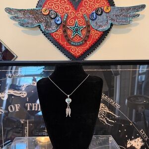 Genuine Turquoise Set in Sterling Silver Heart and Feather 18” Necklace